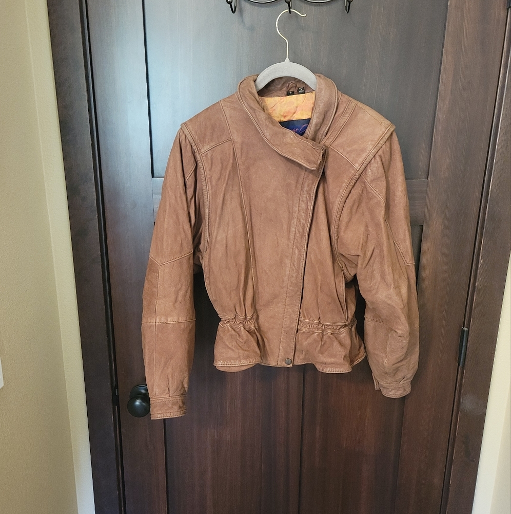 Women's 80's Vintage Midnight Oil Brown   Leather Motorcycle Bomber Jacket Small